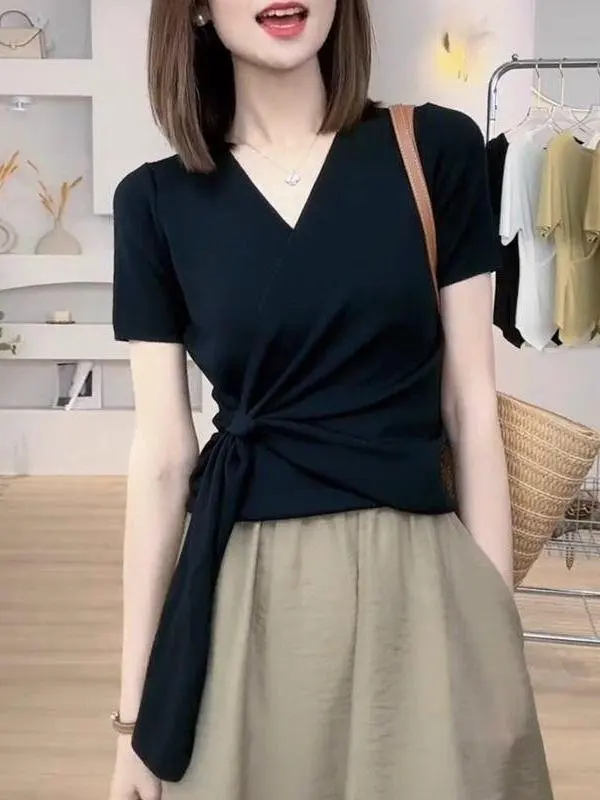 レディースサマーvネックtシャツ半袖クロスウエストスリミングベルト付き大きいサイズポケットハンカチーフビジネススタイル新作2025