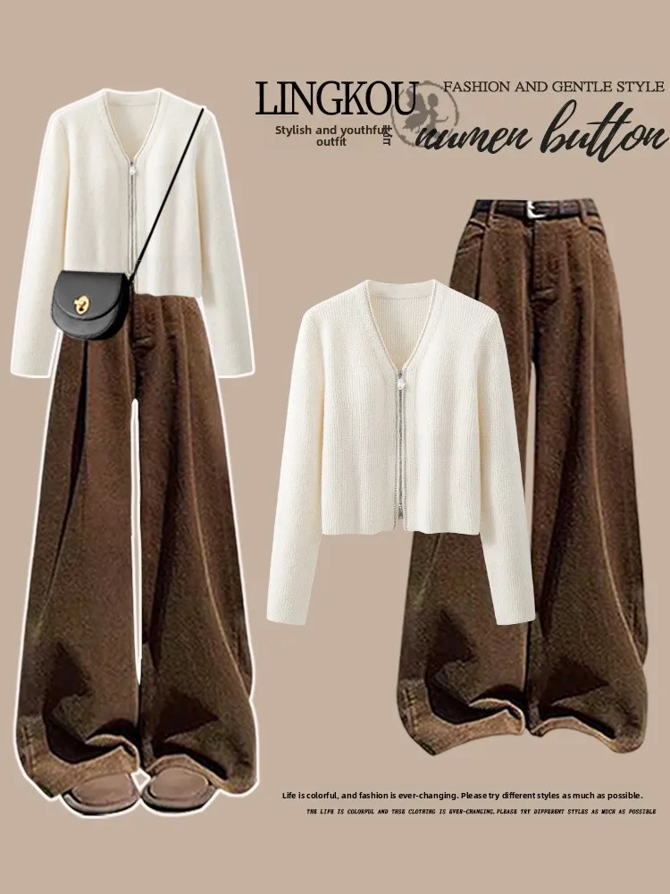 

plus Size Spring College Style Knitted Set Women's Gentle Rhinestone Zipper High Waist Slimming Casual Pants Two Piece Set