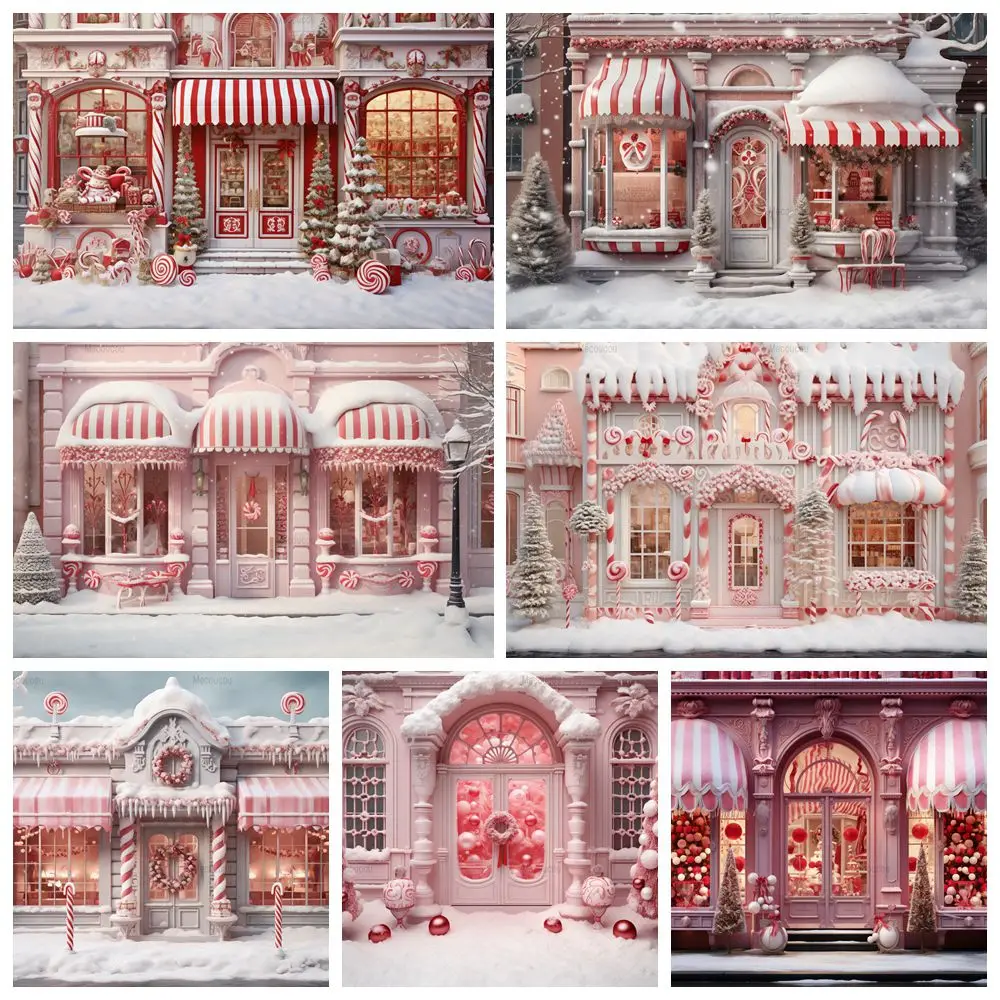 Christmas Backdrop Xmas Pink Toy Shop Store Window Customized Background Candy Winter Snowflake for Kids Portrait Photo Studio