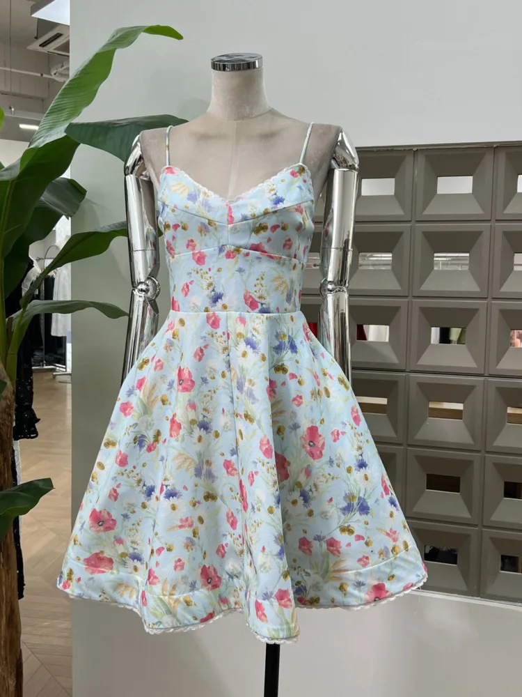 DFDG 2025 الربيع الدانتيل المشذبة Strappy الأزهار طباعة فستان قصير بوهو ملابس الشاطئ خفيفة الوزن تنفس فستان الشمس أنيق غير رسمي