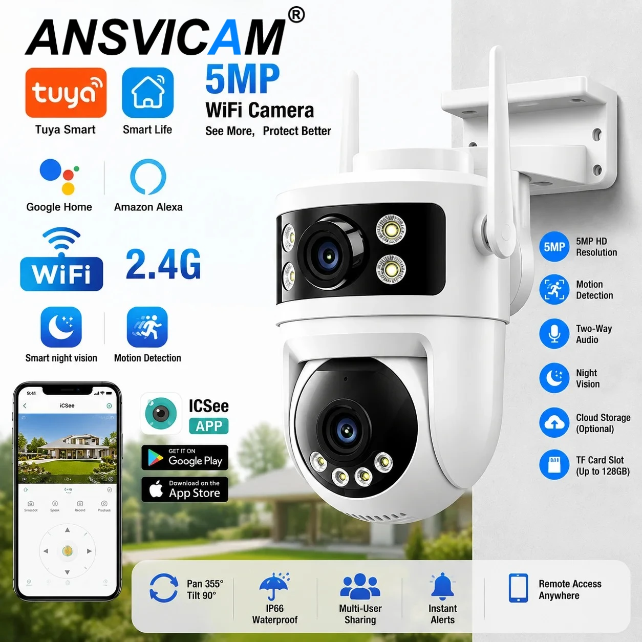 Câmera de Segurança PTZ WiFi Tuya 8MP para Exterior, Câmera IP 2.4GHz com Lente Dupla 350 ° Rotação, Rastreamento Automático, Zoom Digital, Visão Noturna