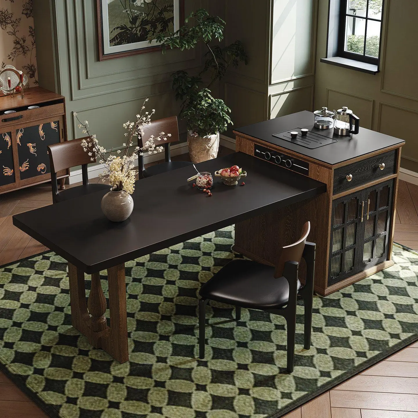 The integrated island dining table is a retractable solid wood sintered stone table for a restaurant