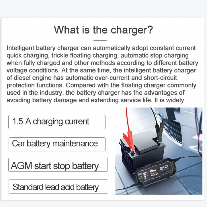 12V Intelligent Car & Motorcycle Battery Charger 1.5A Lead-Acid Battery Charging & Repair Maintainer