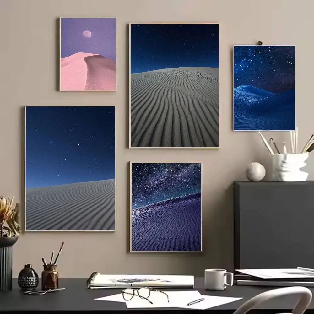 Fashion Desert Landscape Wall Print, Vast Empty Sand Dune Starry Night Sky Surreal Wasteland Nature Calm Void Dream Decor Poster