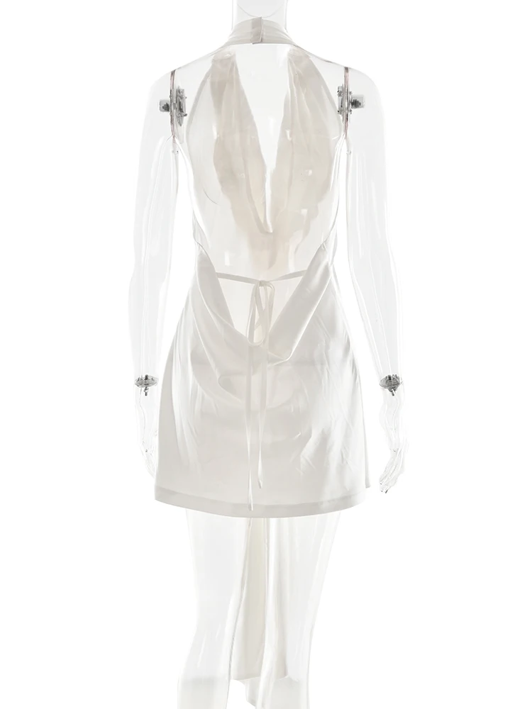 Oniflyme Diepe V-hals Mouwloze Satijnen Mini Jurk Vrouwen Sexy Halter Backless Bodycon A-lijn Jurken Dame Elegante Partywear Gewaden