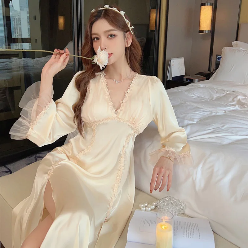 Women Long Nightgown Elegant Lace Ruffles Sleeve Sleepwear Silk Rayon Home Dressing Gown Hollow Out Nightwear Loungewear