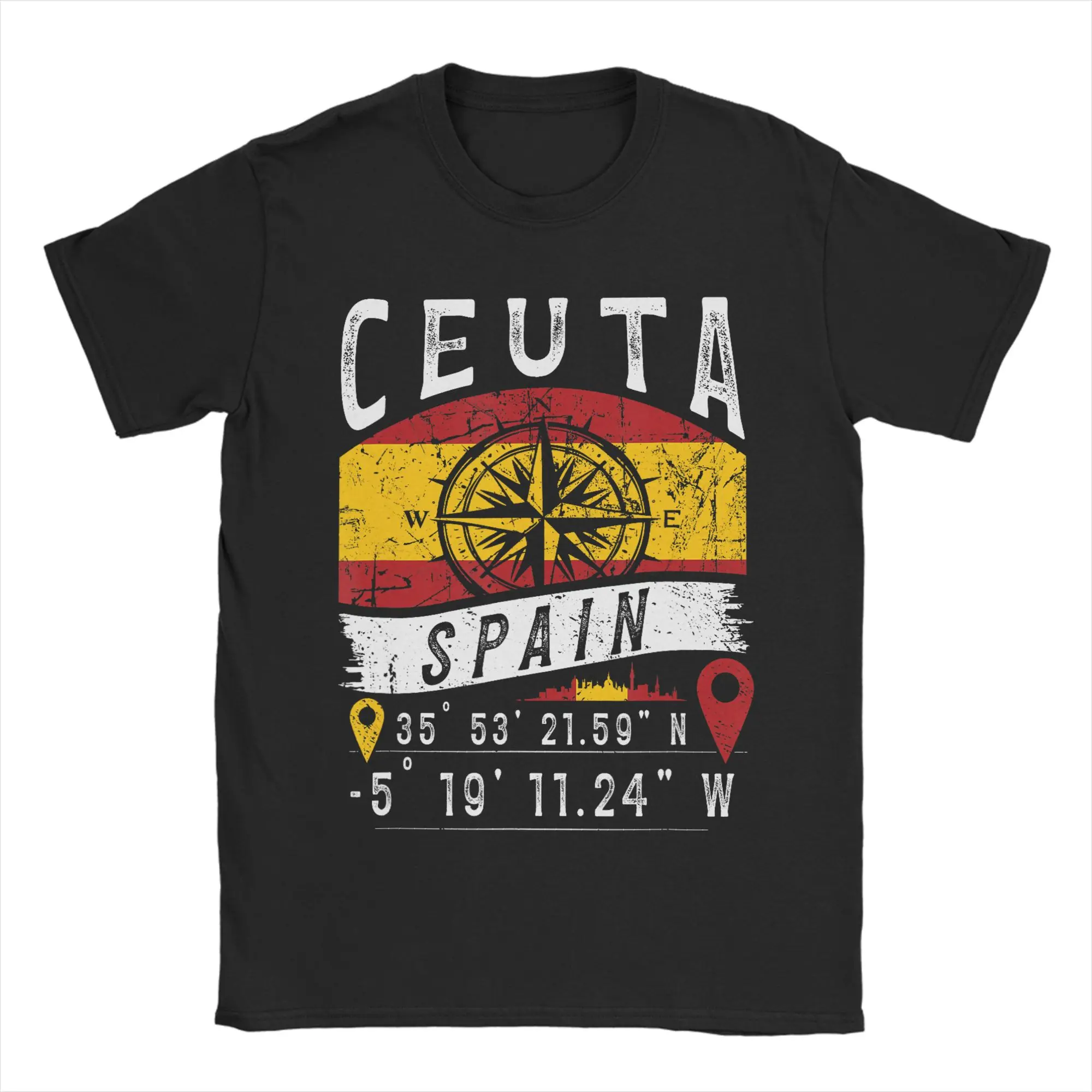 Harajuku T Shirt Ceuta Spain Flag GPS Coordinates Of Ceuta Cotton T Shirts Tshirt for Men Beach Y2K Casual Short Sleeve Tees