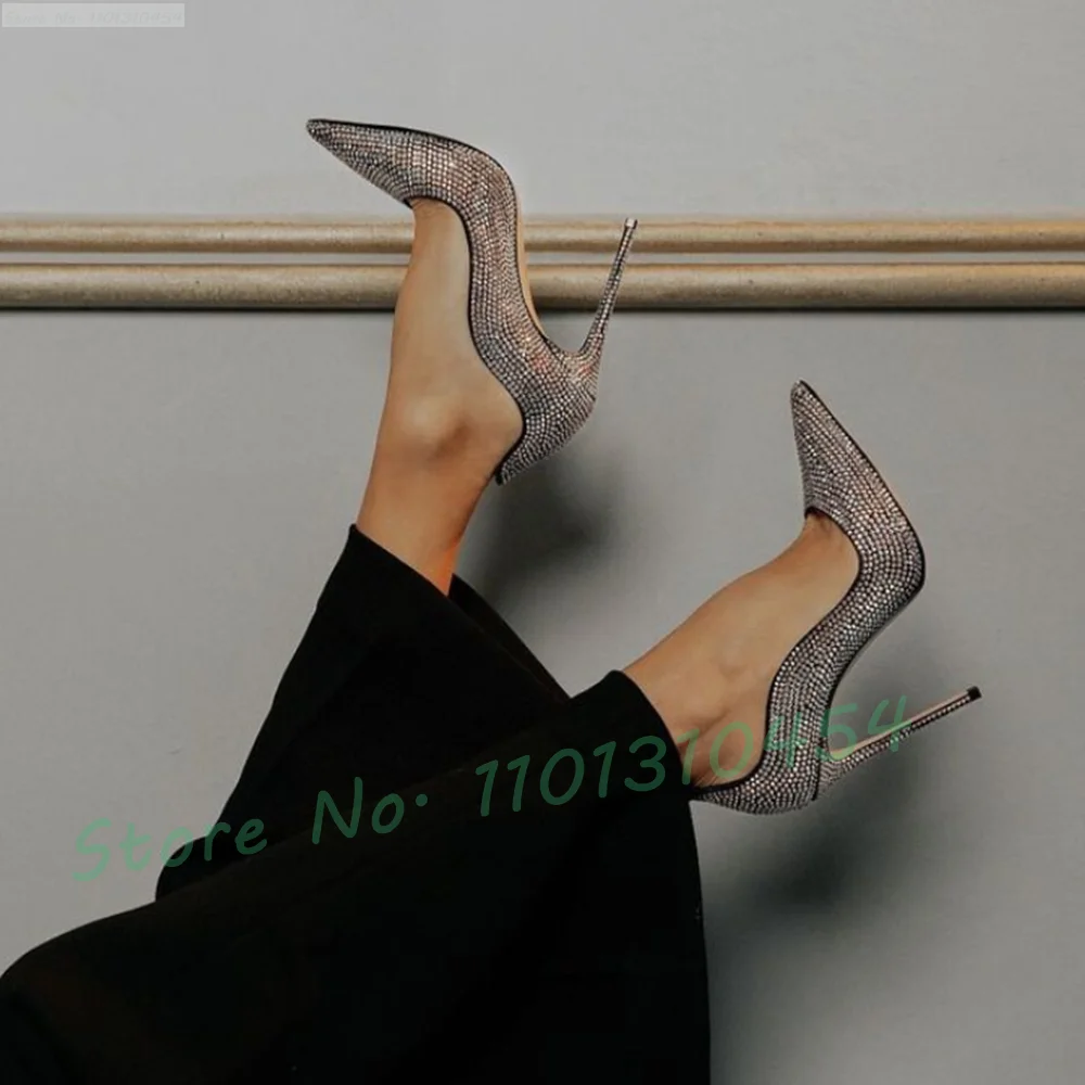 Crystal Glitter Curved Pointy Pumps Women 2024 Sparkly Stiletto High Heels Party Shoes Luxury Shiny Leather Ladies Wedding Pumps