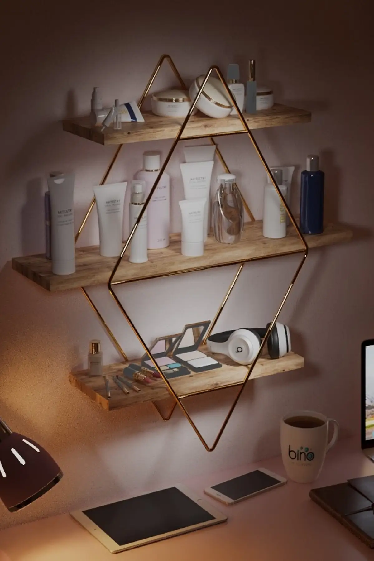 Functional Natural Wood Gold Color Large Size Prism Solid Wall Shelf Table Organizer Kitchen-Bath Shelf Bookshelf Living Roo