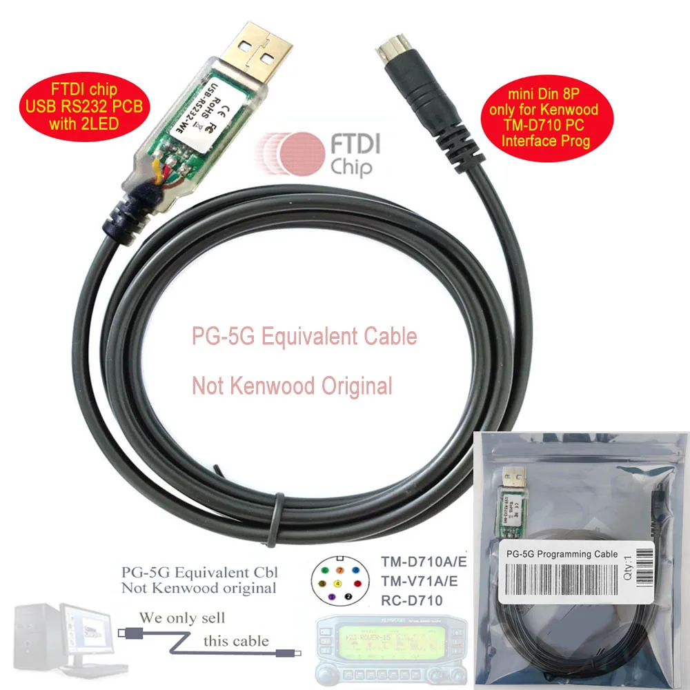 PG-5G Kenwood Radio Интерфейсный кабель для ПК TM-D710 Программный кабель FTDI Чип USB RS232 mini Din со светодиодами