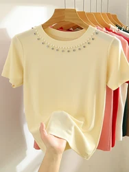 2024 Korea Knitted T-shirt Women Top Solid Tank Y2K Summer New Fashion Female Sleeveless Beading Casual Thin Tops