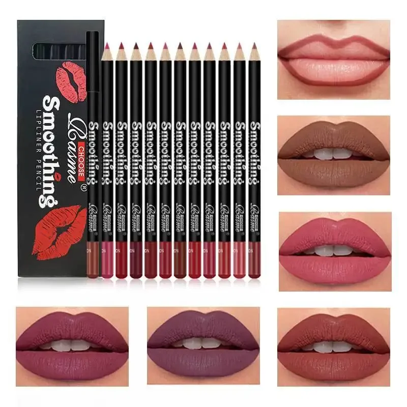 12 Colors Lip Crayon Set  Long-Lasting Lipstick Outline Lip Makeup Lip Pencil Lipstick Pencil Waterproof Sexy Red Matte Contour