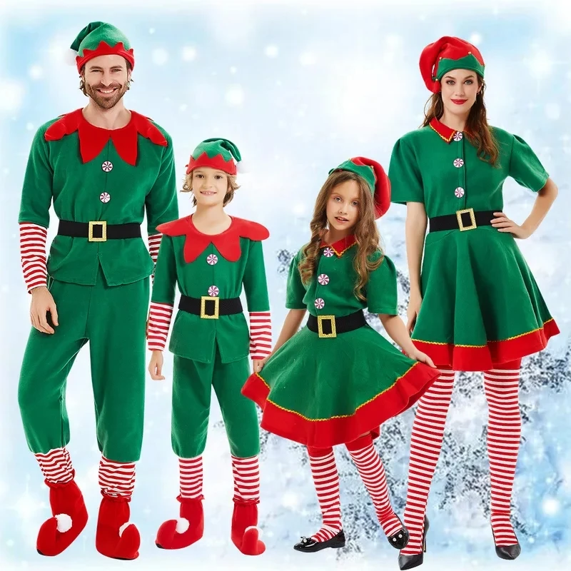 Children and adults Christmas elf costumes, Santa Claus costume sets, green elves, Halloween cosplay, 2024 new products