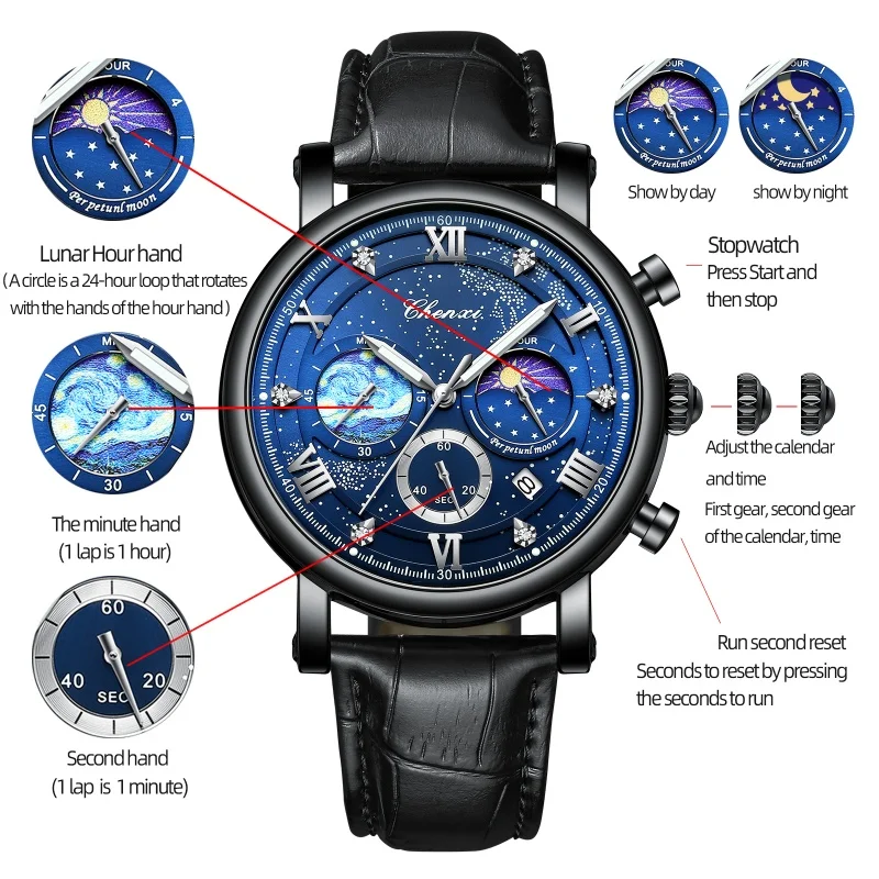 CHENXI 972 Men\'s Quartz Watch Luminous Moon Phase Chronograph Calendar Waterproof Leather Strap Luxury Business Watches