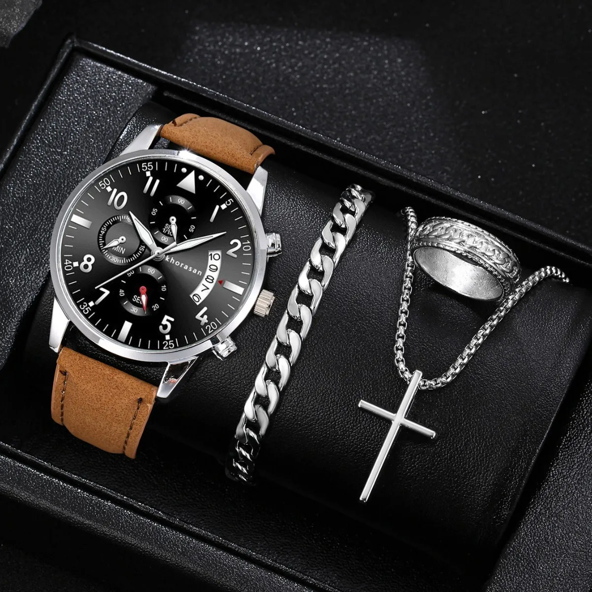 

4PCS Men's Watch Set Business Trend Classic Round Dial Quartz Watch Bracelet Necklace Set Perfect Gift for Friends or Dad