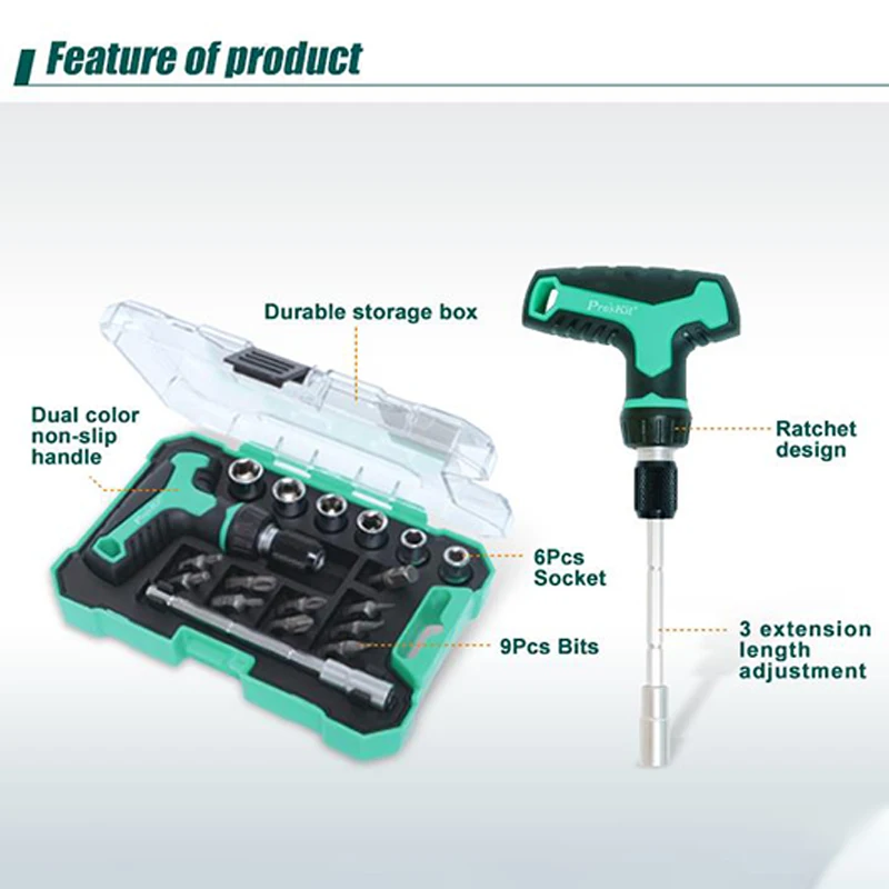 Pro'skit 18-in-1 Ratchet Screwdriver Set T-Type Handle Multiple Socket Screwdriver Combination Manual Tool Set SD-2320M