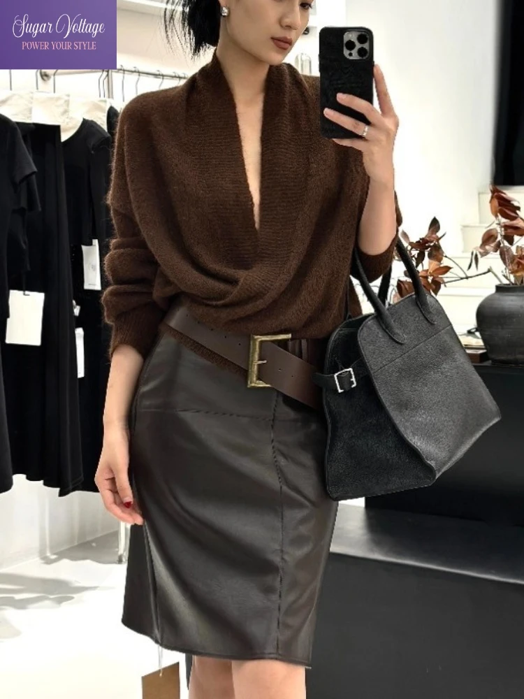 Early Autumn Knit Top And Leather Skirt Set Women Long Sleeve Sweater With Belted Leather Mini Skirt Elegant Retro Chic Outfit