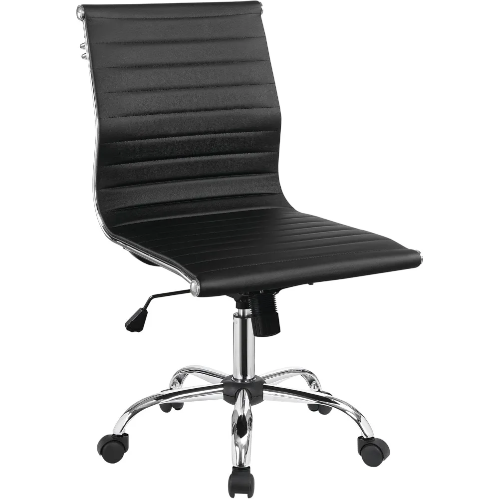 

Modern Mid-Back Armless Black Ribbed Upholstered Leather Conference Chair,Black