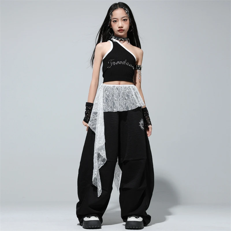 Mädchen Hip Hop Jazz Dance Anzug One-Shoulder Weste Crop Top Lange Hose Bühne Kinder Kpop Kostüme Teenager Street Performance Outfits