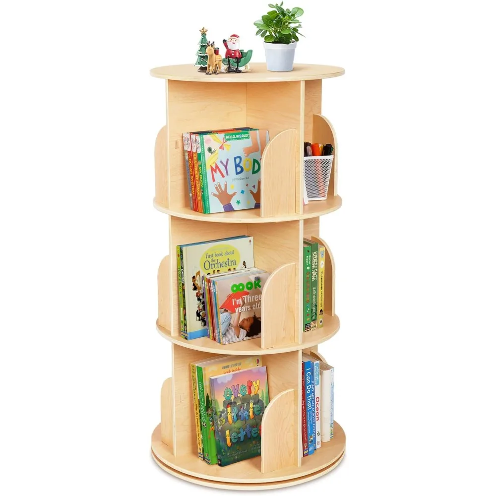 

Kids Rotating Bookshelf,360° Display 3 Tier Floor Standing Bookshelf Storage Rack, Wooden Narrow Bookcase Organizer for Bedroom