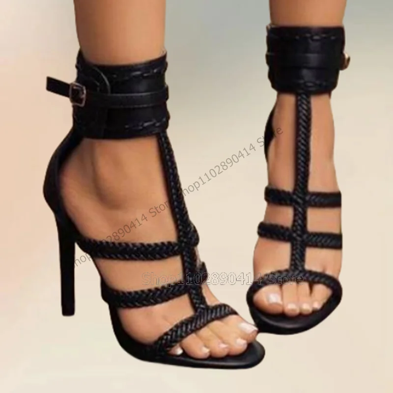 

Black Knitted Rope Design Open Toe Sandals Ankle Buckle Strap Women Shoes Thin High Heels Fashion Party 2023 Zapatos Para Mujere