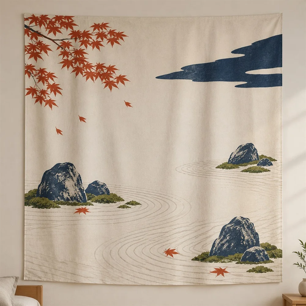 VIKAMA Zen Sand Garden Clustered Groups Tapestry Wall Hanging, Japanese Wall Decor Tapestries for Living Room Bedroom Kids Room