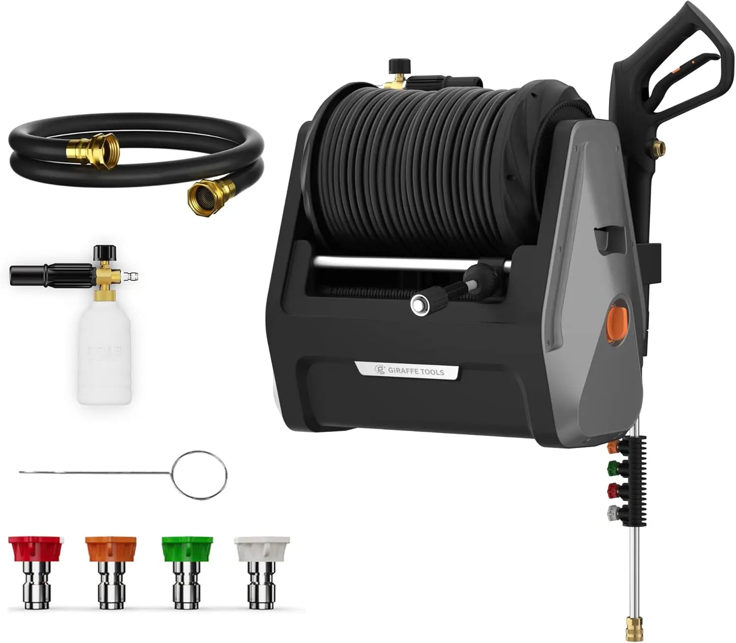 

Pressure Washer Electric Wall Mounted Power Washer with 100FT Retractable Hose Soap Tank & 4-Nozzle Set Dark Silver