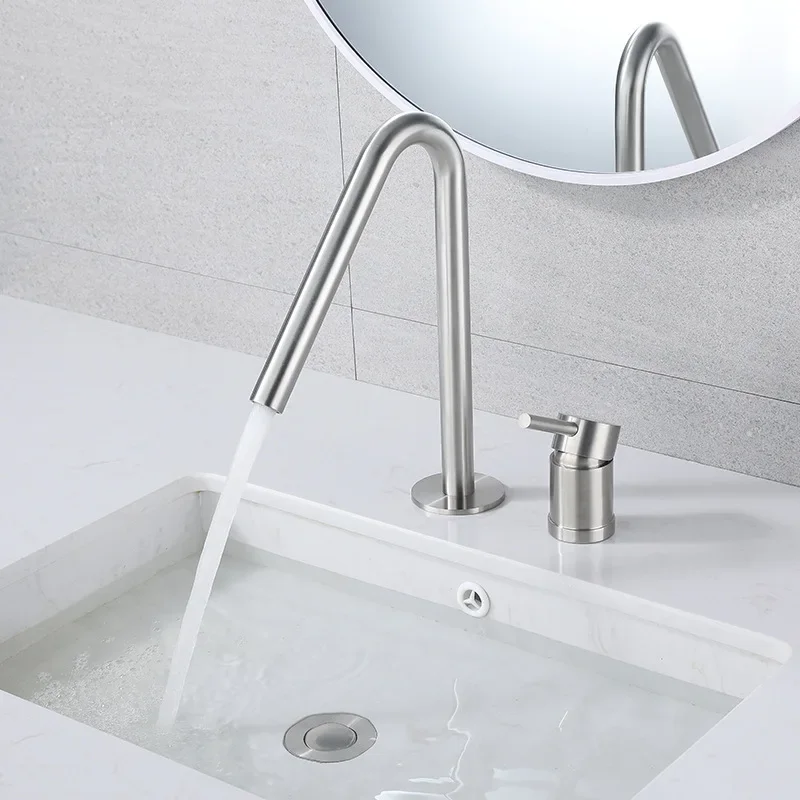 Nickel 304 Stainless Steel Bathroom Basin Faucet Deck Mounted Widespread Hot And Cold Mixed Water Basin Faucet Bathroom Tap