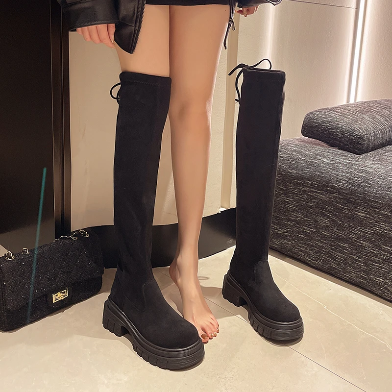 

Winter Platform Punk Style Woman Knee High Boot Concise Slip On Elastic Slim Shoes Ladies Thick Bottom Knight Long Boots