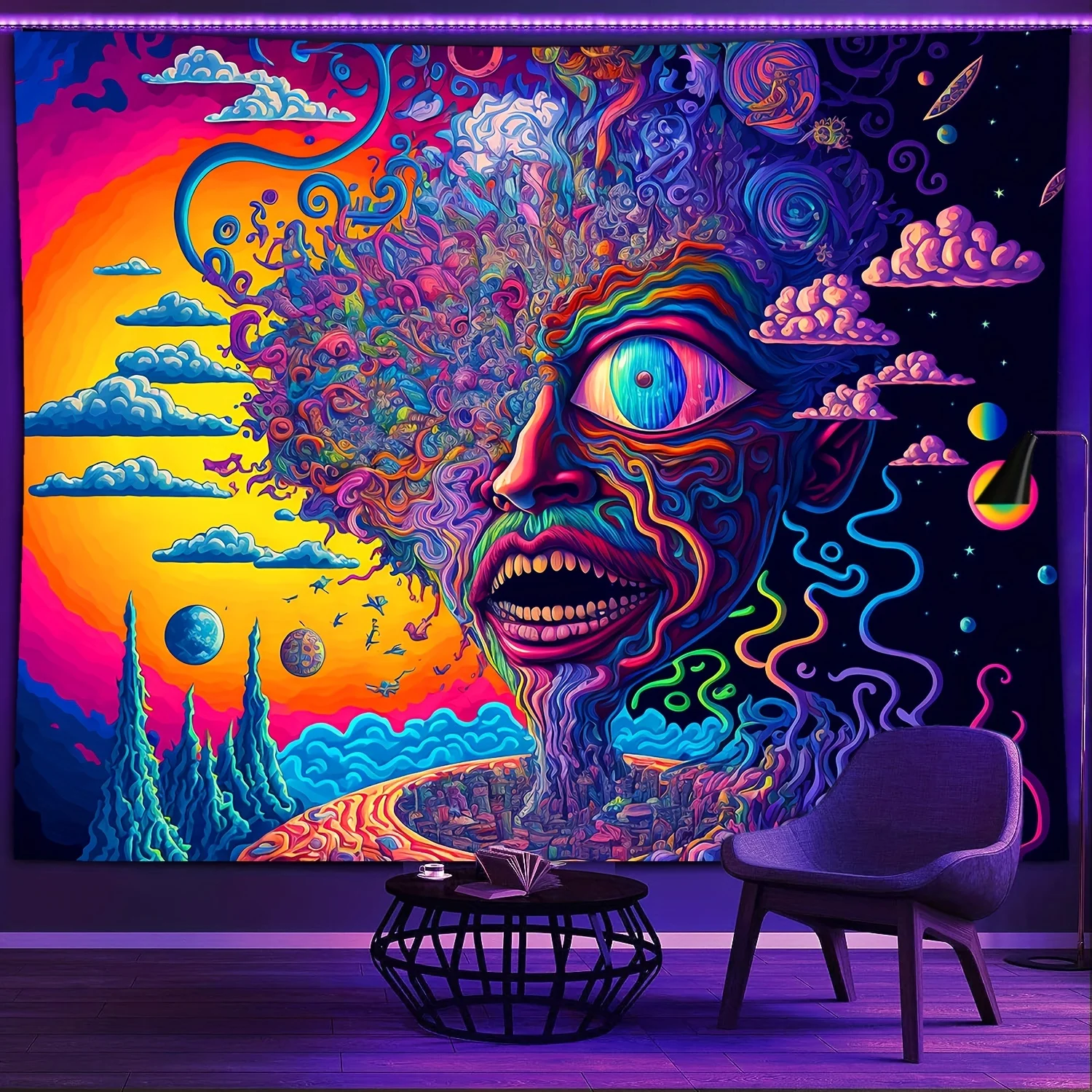 VIKAMA Surrealer Sternenhimmel-Wandteppich, Farbverlauf, Illusion, Wohnzimmer, Schlafzimmer, Kunststudio, Fantasy-Raumteppich mit menschlichem Gesicht