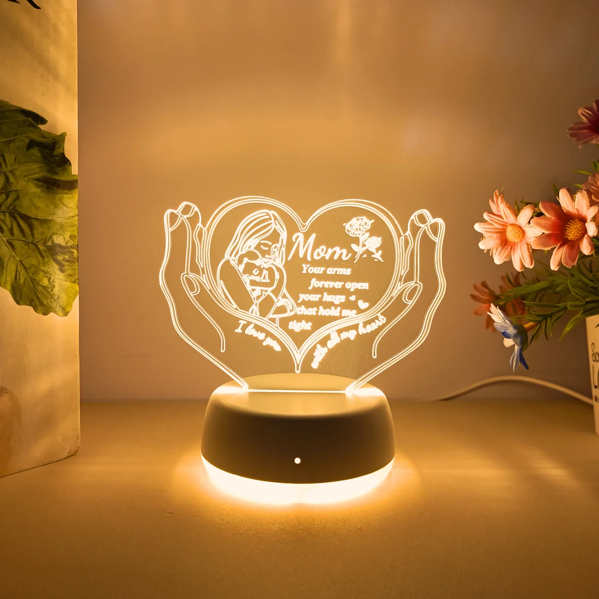 1pc Warm Heart Holding Mother's Love Monochrome Warm Light 3D Night Light, Suitable for Decorating Bedrooms and Home Decor Light