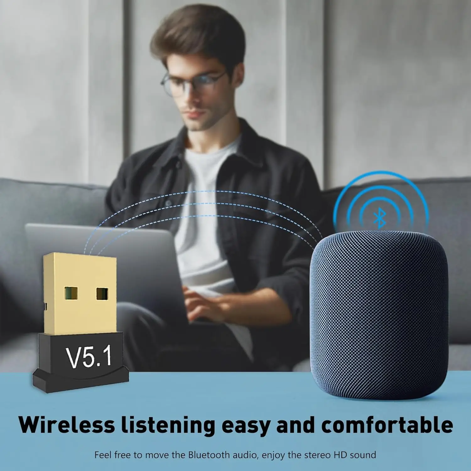 อะแดปเตอร์ดองเกิลบลูทูธ 5.1 ไร้สาย USB บลูทูธ 5.1 ตัวรับส่งสัญญาณสำหรับคอมพิวเตอร์ ลำโพงตั้งโต๊ะ คีย์บอร์ด เมาส์ เครื่องพิมพ์