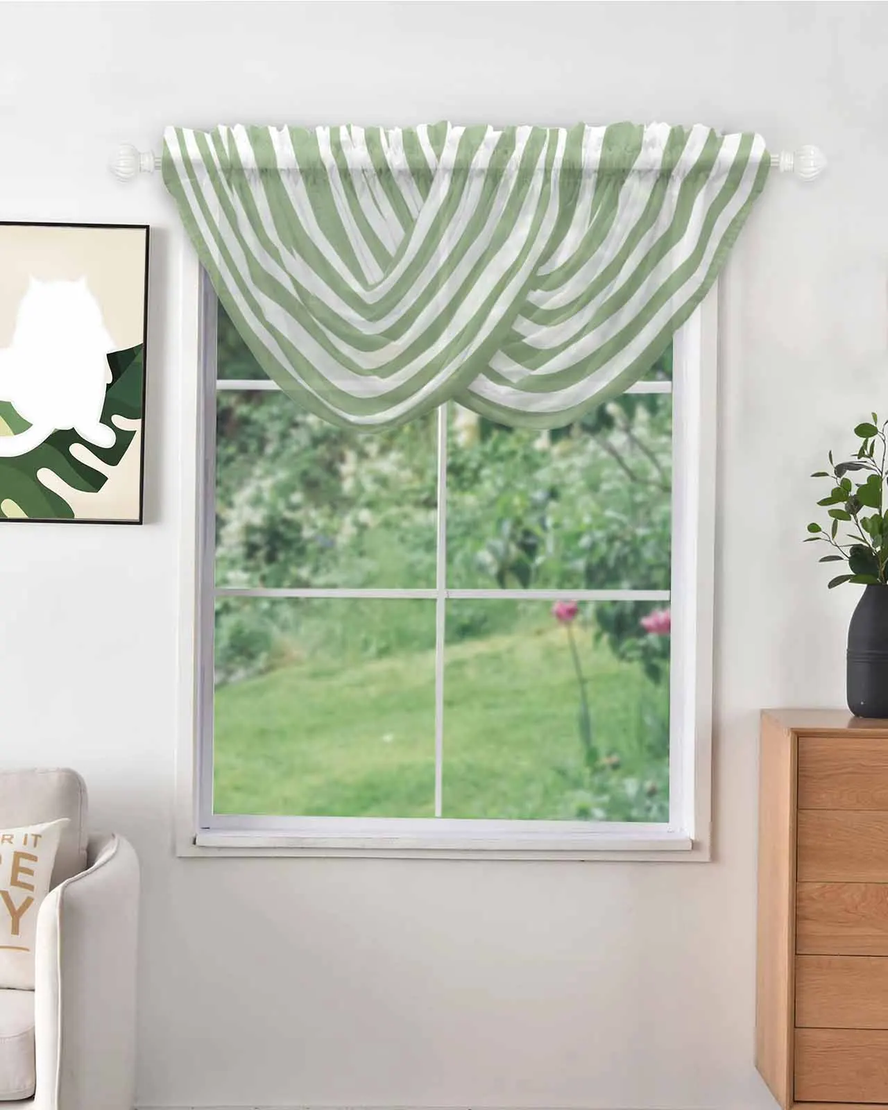 Sage Green Stripes Sheer Tulle Small Short Curtain for Girls Room Window Curtain Kitchen Cabinet Voile Curtain