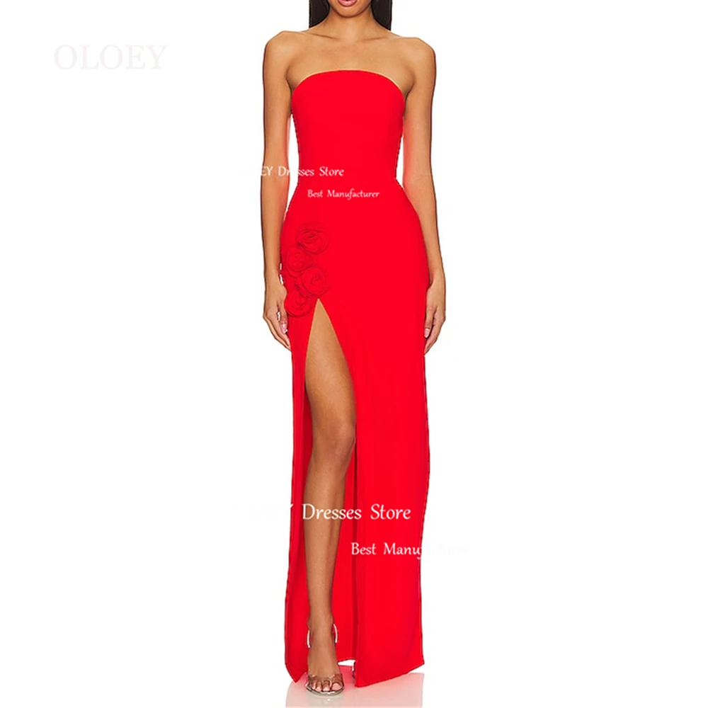 OLOEY Sexy Red Satin Evening Dresses High Slit 3D Flowers A Line Floor Length Wedding Party Dress Prom Gowns Plus Sizes Custom