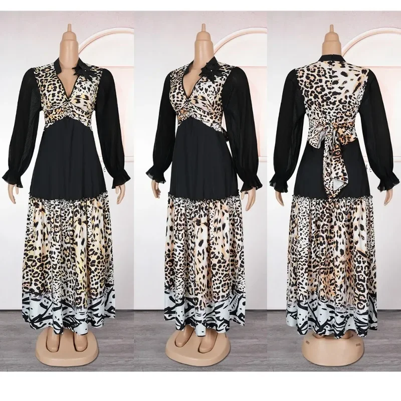 

2025 African Dress Plus Size For Women Elegant Africa Clothing Wedding Party Leopard Print Long Sleeves Autumm Summer Dress