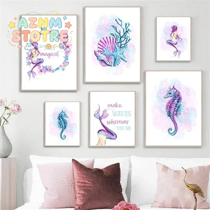 (No frame)Starfish Hippocampus Mermaid Poster Cartoon Nordic Poster and Print White Purple Canvas Painting Picture Wall Art H