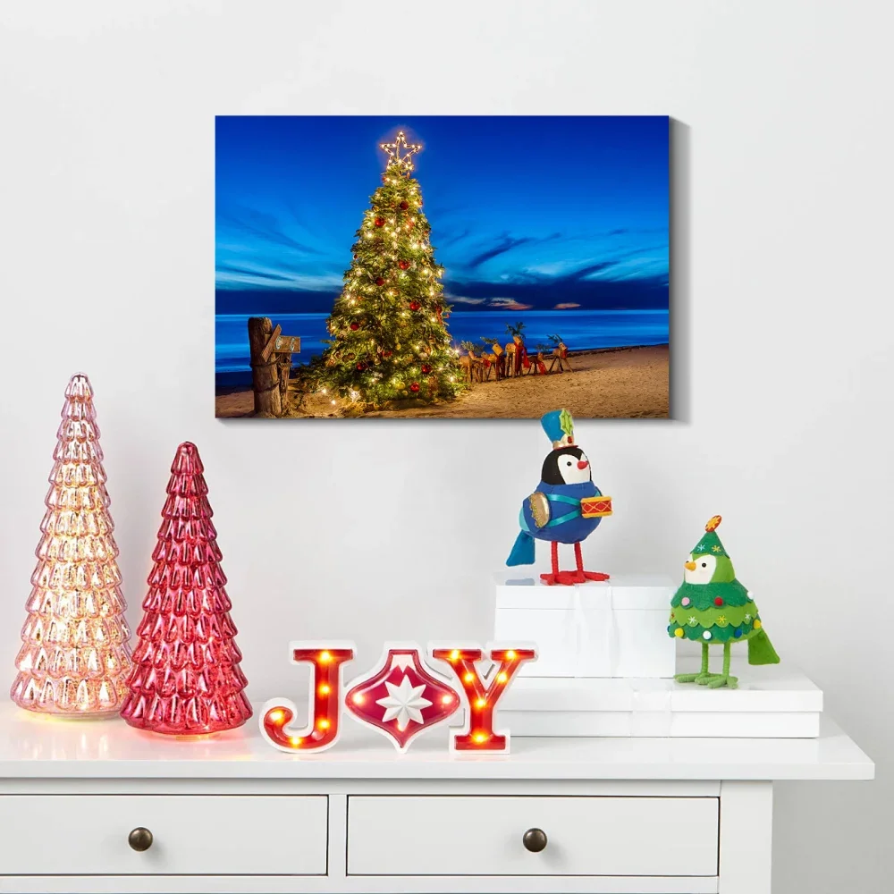 

Framed Canvas Wall Art Painting: Christmas Tree on Seaside for Christmas, Gift & Decor for Christmas Eve, Office, Living Room