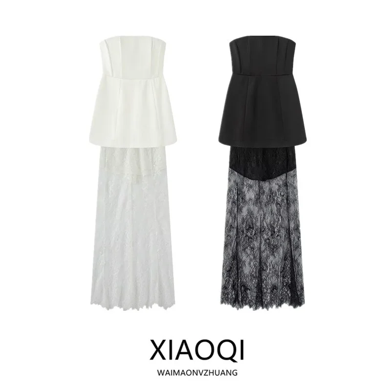 

Летний женский комплект 2025: дизайнерский топ-жилет с завышенной талией и кружевная юбка макси на бретелях — модный костюм из двух предметов