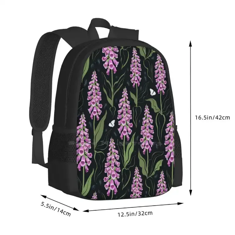 Foxgloves Pattern Schoolbag Backpack, bolsas de moda, padrão botânico do jardim, flor floral, folha de natureza florescendo, rosa, venda quente