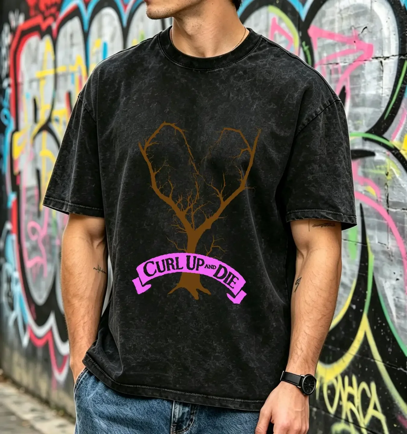 washed T Shirt CURL UP AND DIE Heart Tree Hardcore Metalcore Band long or short sleeves vintage Washed fashion Casual