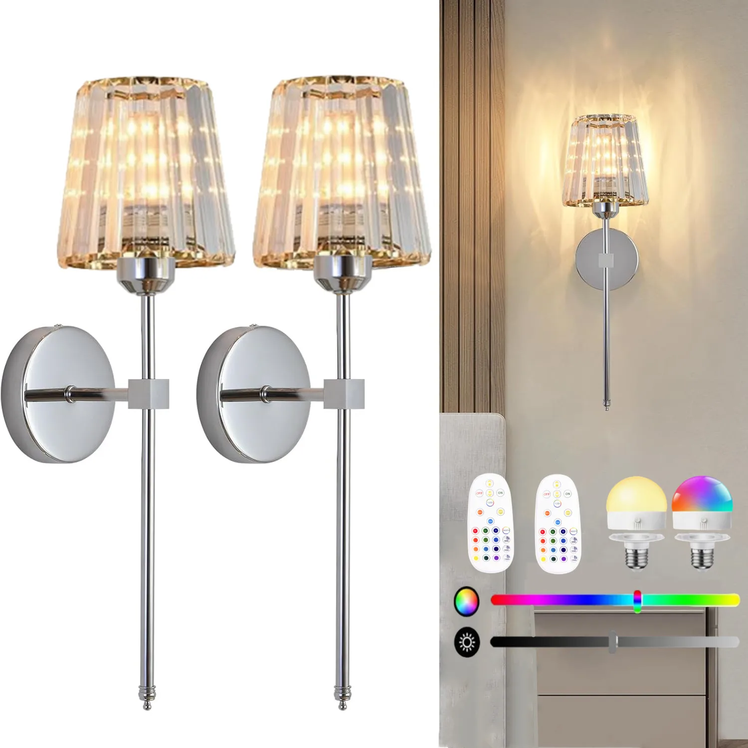 Battery-Powered Crystal Wall Light, Chrome-Plated Rechargeable Wireless Wall Light with Remote Dimmable 15 Color Modes, Led Wall Light Suitable for Bedroom, Living Room, Hallway, Bulb Included