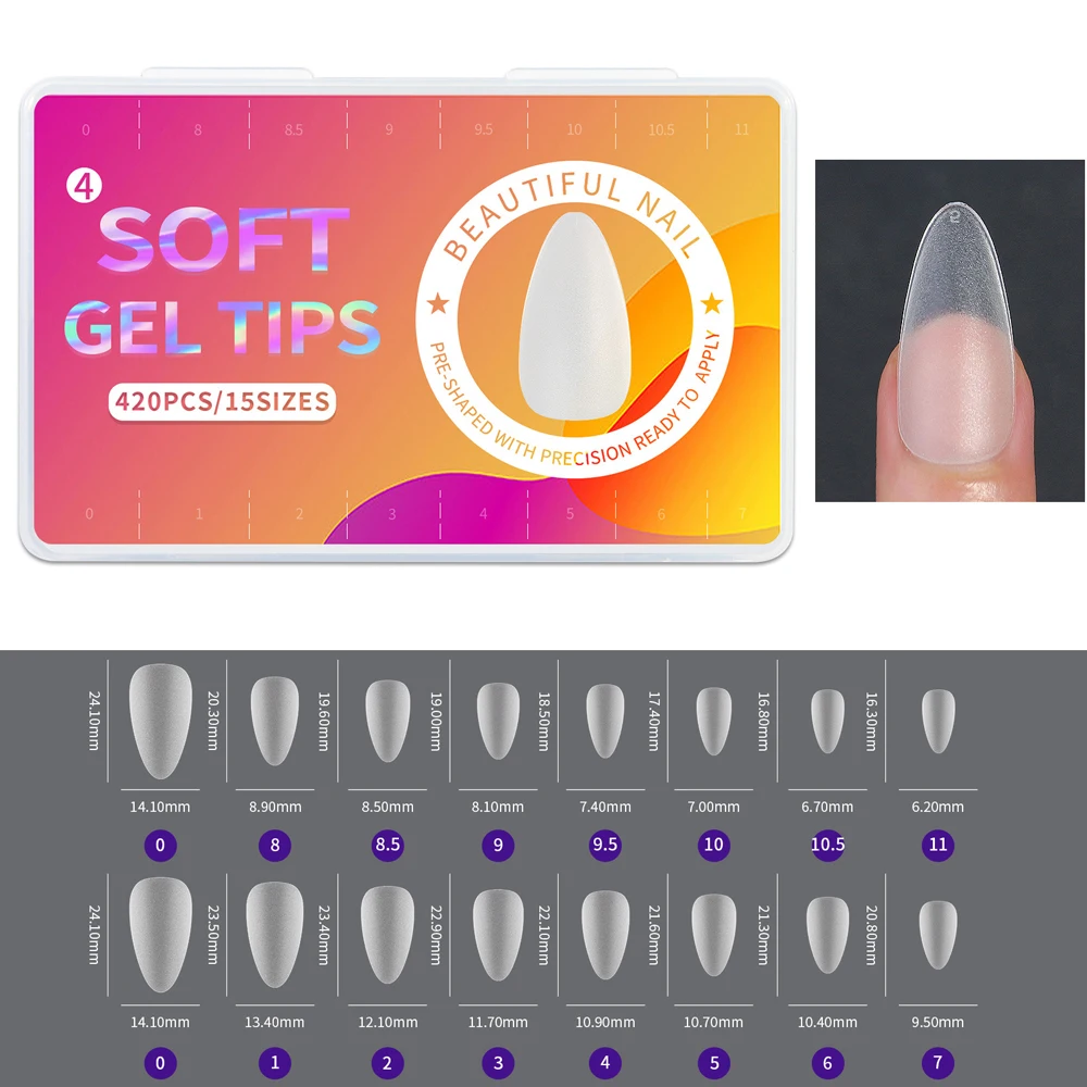 420 Stück Weiche Matte Mandelförmige Nagelspitzen, Voll Transparent, Soak-Off Gel, Kurze T-Form, Runde Ovale Kapselspitzen für Nagelkunst-Dekoration – Detail 9