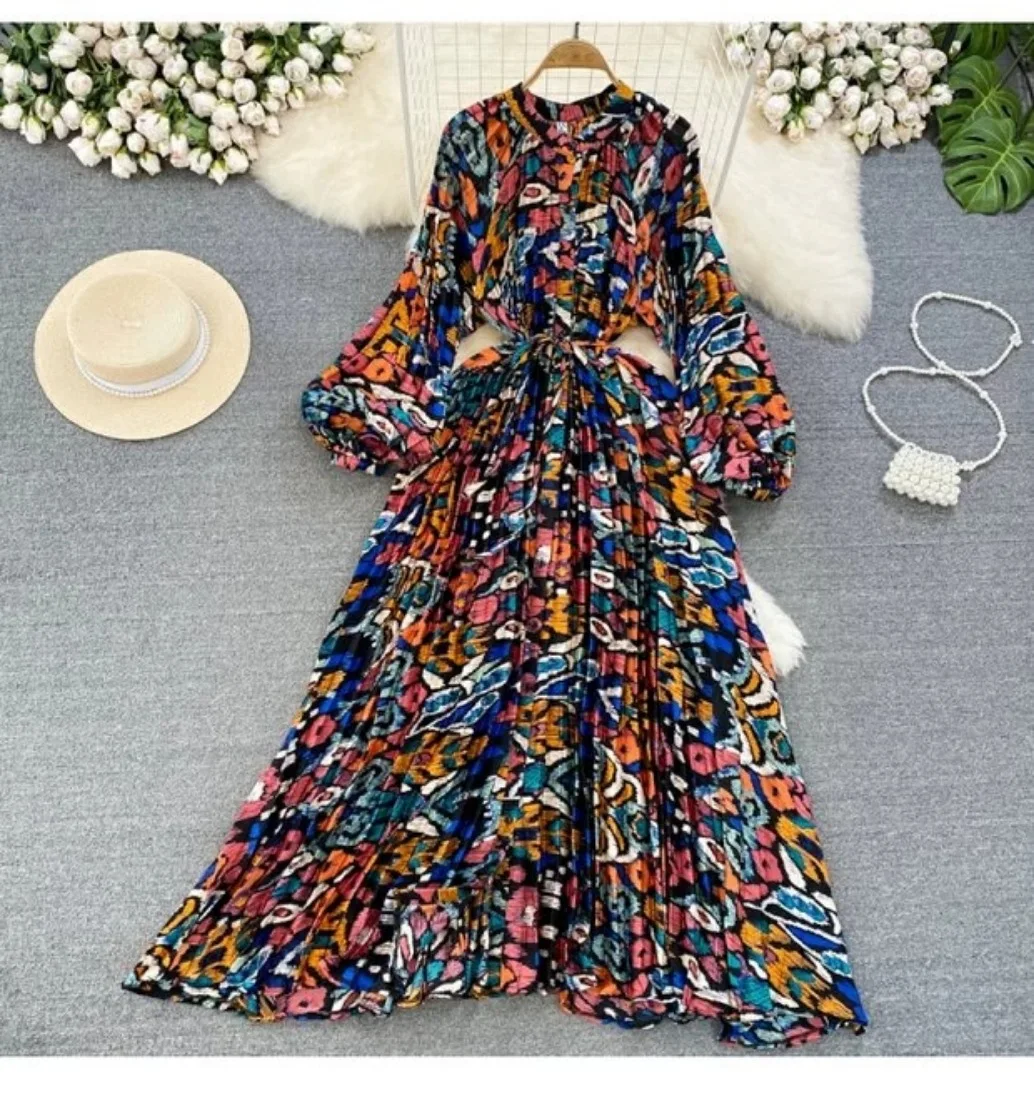 2024 Sweethug High End Elegant Lantern Long Sleeved Round Neck Single Breasted Printed Dress Elegant Long Dress