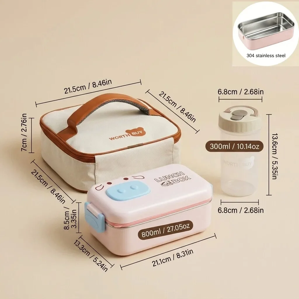 304 roestvrijstalen bentobox, schattige lunchbox voor kinderen, geschikt voor gebruik in de magnetron, met vakken, luchtdichte bewaardozen voor voedsel en bestek, ideaal voor school.