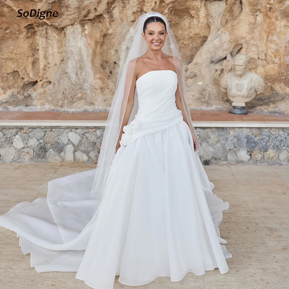 

SoDigne A-line Organza Wedding Dress Strapless Sleeveless Long Bride Dresses Elegant Bridal Gowns Robe De Mairee Customized