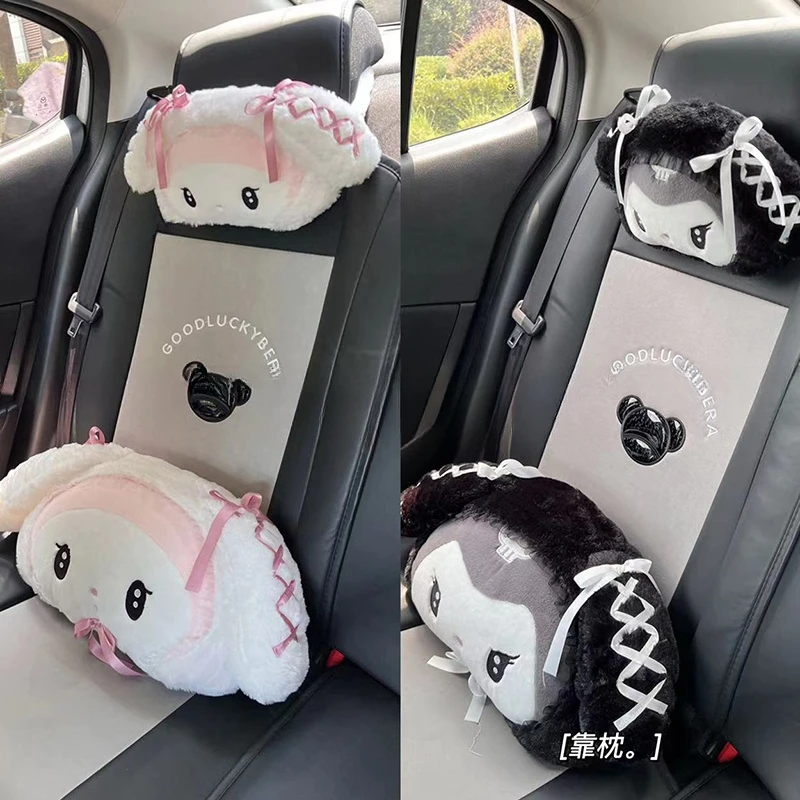 Cute My Melody Kuromi Headrest Back Cushion Car Seat Belt Cover Stuffed Anime Cuddly Plushies Lolita Cushion Sofa Bed Decor Gift