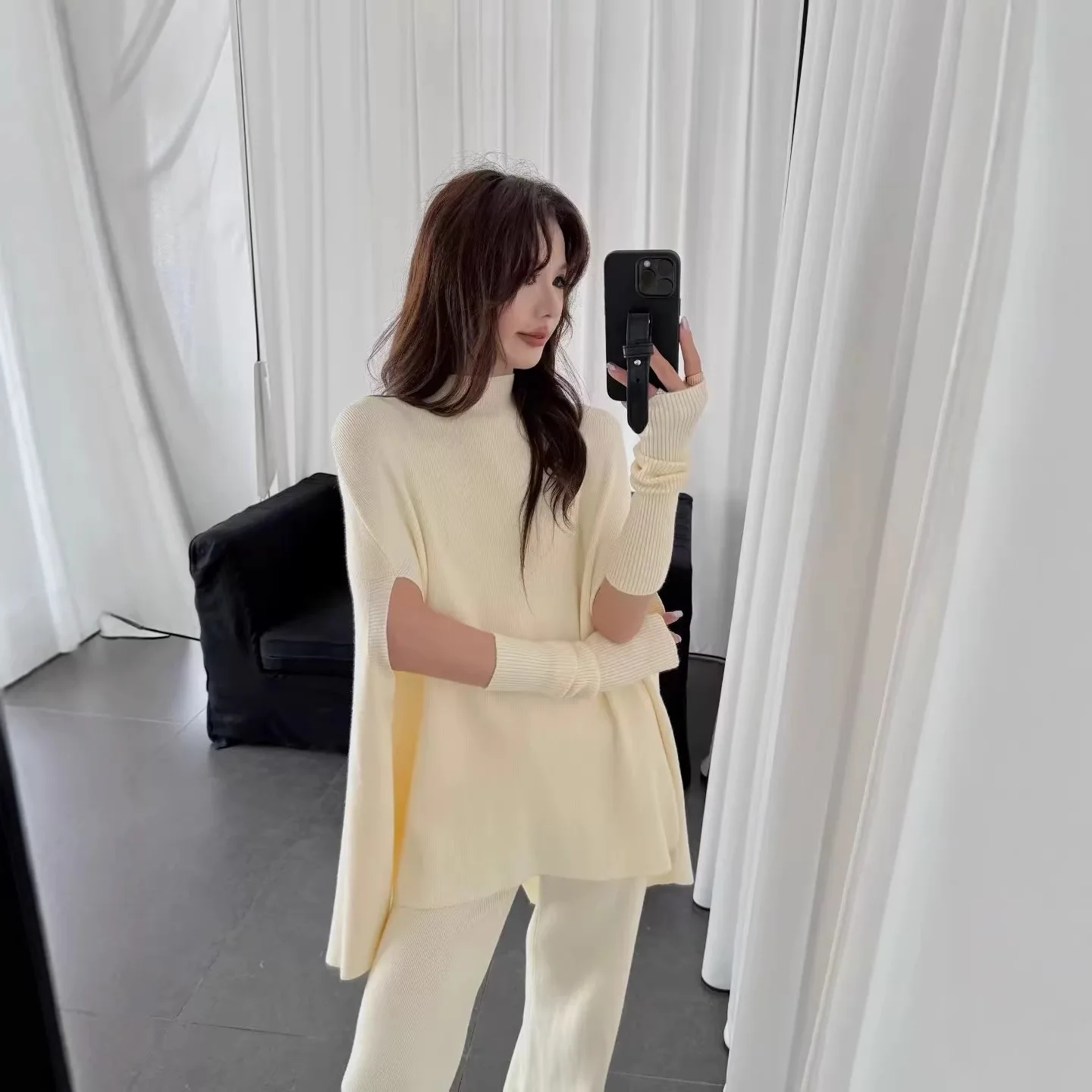 SuperAen ルーズバットウィングスリーブセーター女性用ワイドレッグパンツ取り外し可能な袖秋と冬のファッション 3 点セット