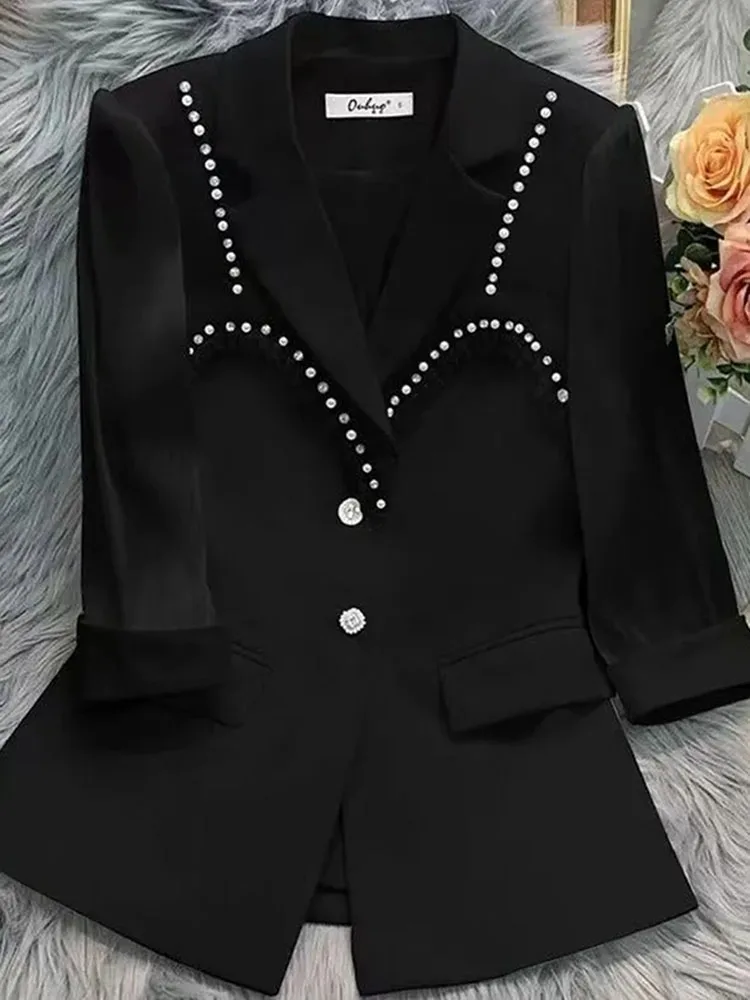 Blazer Women 2022 Spring Summer New Fashion Single-breasted Beading White Suit Coat Three Quarter Sleeve Slim Small Blazers