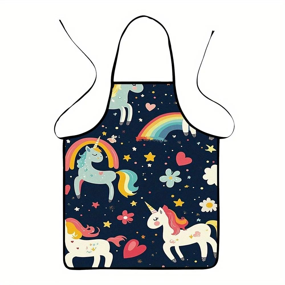Unicorn Rainbow Apron Magical Navy Background Flying Unicorns Stars Hearts Waterproof Polyester