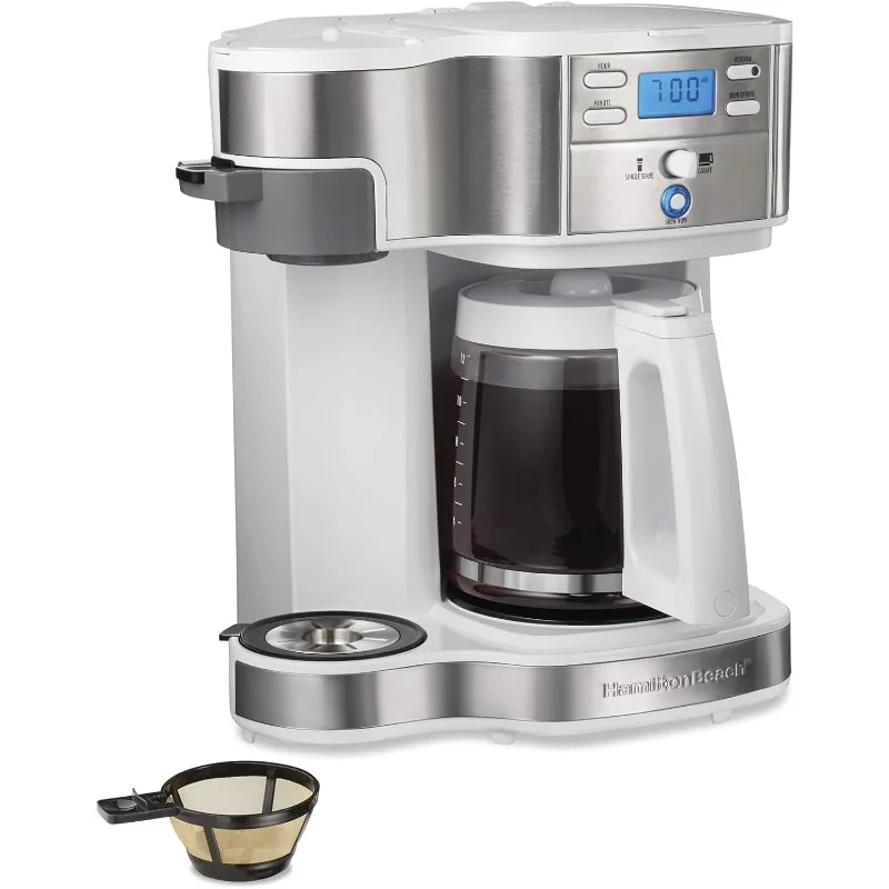 2-Way 12 Cup Programmable Drip Coffee Maker & Single Serve Machine, Glass Carafe, Auto Pause and Pour, White